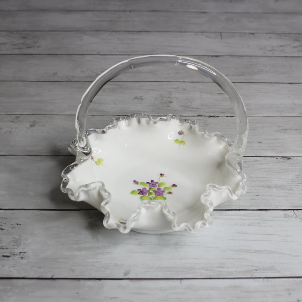Fenton Vintage Violets in the Snow Basket Dish